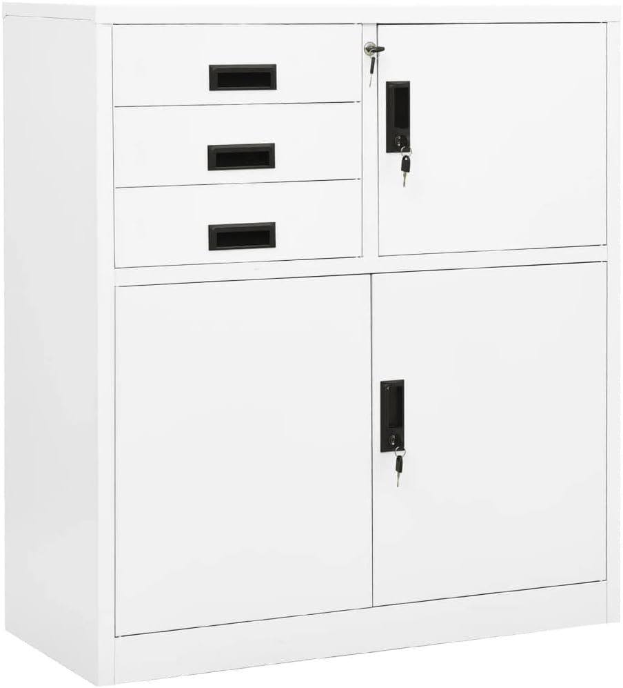 Modern Office Storage Cabinet with Lockable Security & Adjustable Shelf, White Steel File Organizer for Workspace, Durable Metal Supply Cabinet