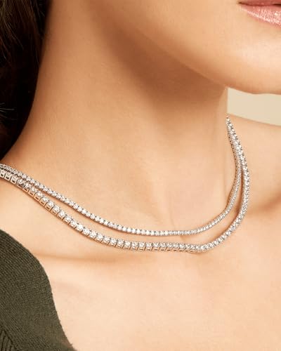 Double Layer Tennis Necklaces for Women - Dainty 14K Gold and Silver CZ Tennis Necklace Simple Tennis Chain Sparkly Diamond Choker Necklaces for Women Trendy Silver Jewelry3
