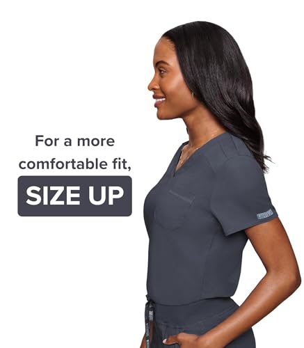 Image of Med Couture Women's V-Neck Scrub Top, Modern Fit Tuck-in Top with Stretchy Rib-Knit Shoulders and Chest Pocket - MC7448