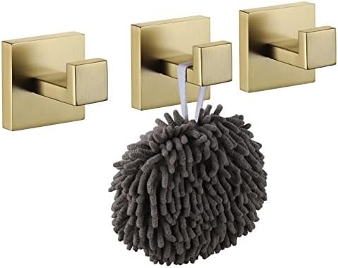 KOKOSIRI Bath Robe Hook Wall Mount Square Towel Hook Coat Hook Bathroom Kitchen Garage Heavy Duty SUS 304 Stainless Steel 3 Pack Brushed Gold B1010BG-P3