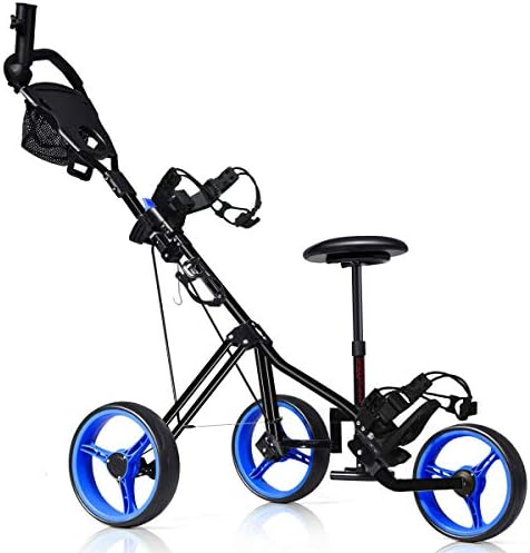 Tangkula Golf Push Cart with Seat, Lightweight Folding 3 Wheels Golf Pull Cart, Golf Trolley with Scoreboard Bag Foot Brake, Cup & Umbrella Holder, Height-Adjustable Handle, Golf Push Pull Cart