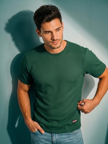 Image of MiraMichi Men's Round Neck Half Sleeve T-Shirt | Solid Poly Cotton Casual Wear | Comfort Fit Western Style