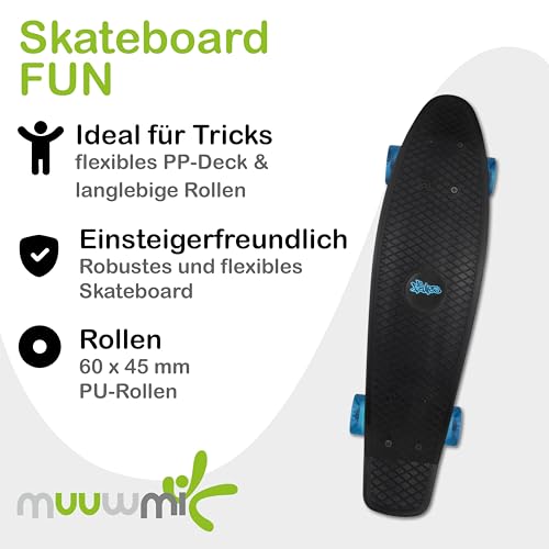 Muuwmi Skateboard Fun schwarz-blau - mit LED-Leuchtrollen - Board Deck 57x15cm - ABEC5 und PU-Rollen 60x45mm