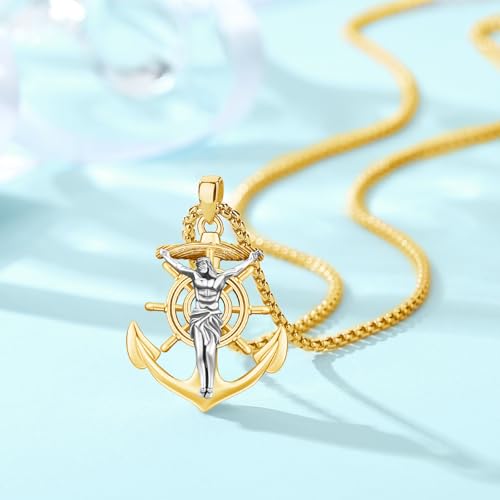 Anchor Jesus Cross Pendant Necklace for Men Women, 925 Sterling Silver Patron Jesus Medal Pendant Amulet Religious Protection Jewelry Gifts2