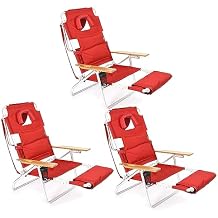 Ostrich Deluxe 3N1 Outdoor Portable Foldable Adjustable Sport Lounge Chair with Padded Seats, Footrest, and Built-in Cup Holder, Red 3 Pack