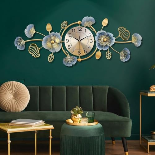 Image of Large Metal Multicolor Leaf Wall Clock Floral Design Modern Decorative Big Clock for Living Room, Bedroom, Office, Dining (Size 40x24 Inch)