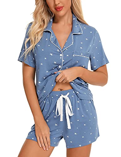 Women's Button Up Pajama Set Short Sleeve Sleepwear Soft Pjs Lake Blue Stars S #TOP1