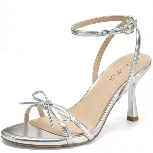 TEAIEUI Kitten Heels for Women Round Open Toe Heeled Sandals Strappy Ankle Strap Shoes with Bow for Dress Party Prom High Heel 2.9 inch Silver Size 8