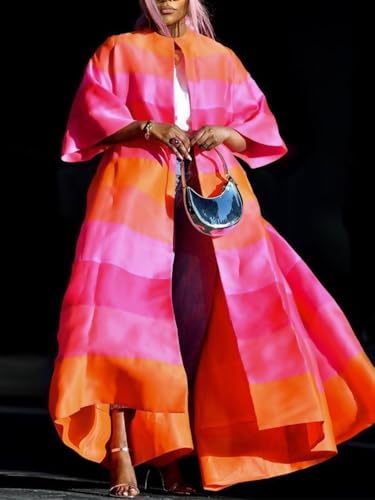 UOOZEE Women's Oversized Striped Lightweight Long Coat Open Front Pink Orange Color Block Kimono Jacket Casual Outerwear2