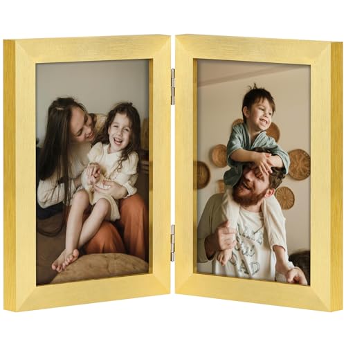 decorUhome Double 4x6 Picture Frame Vertical, Engineered Wood Bifold Photo Frame with Plexiglass for Tabletop Display, 4x6, Gold