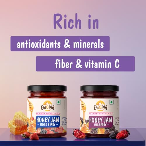 Image of Eatopia Sugar Free Mixed Berry & Mulberry Honey Jam | 100% Pure & Natural | Healthy Jam for Kids & Adults | No Added Flavours & Preservatives | 70% Real Fruits | Sweetness from Real Fruits & Honey | 240g Each | Pack of 2 | 480g