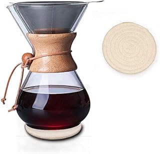QLESHINING Wood Neck Pour Over Coffee Maker with Permanent Filter and Coaster Pad(400ml) Transparent