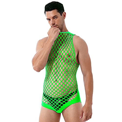 iiniim Men's See Through Sheer Fishnet Lace Up Back Bodysuit Tank Wrestling Singlet Leotard Green One Size