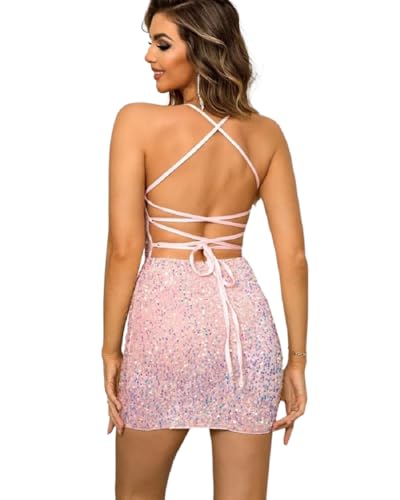 Image of Suillty Women's Sparkly Sequin Backless Lace Up Mini Dress Glitter Spaghetti Straps Halter Bodycon Party Club Evening Dresses