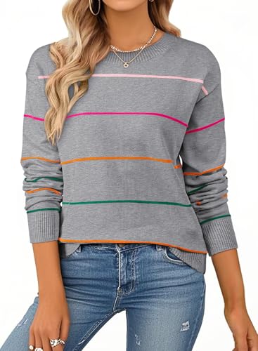 SHEWIN Womens Sweaters Crew Neck Striped Sweater Women Lightweight Womens Fall Tops Long Sleeve Tops...
