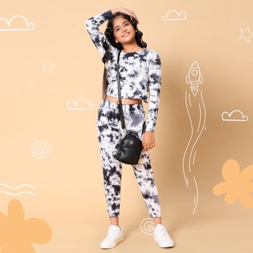 Image of TeenTrums Tie Dye Black Co-ord Set with Boat Neck Tshirt & Joggers, 100% Cotton, Fashion for Youth, Stylish Teen Fashion Collection, Tie Dye Set of Top & Bottom for Girls, Age 05 to 16 Years