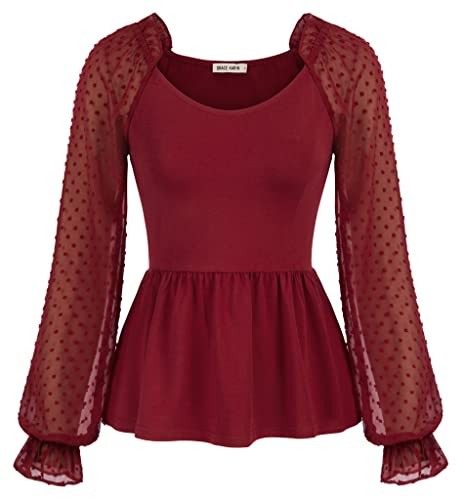 GRACE KARIN Camicia Donna Maniche Lunghe da Lavoro da Cerimonia a Sbuffo Blusa Vintage Donna Rosso XXL