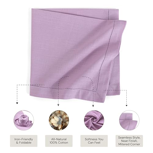 Image of FINGERCRAFT Hemstitched Cotton Table Napkins - Set of 6, 20x20 Inch, 100% Cotton Cloth Napkins with Faggoting Stitching - Durable & Elegant for Parties, Everyday Use (Lavender Slub)