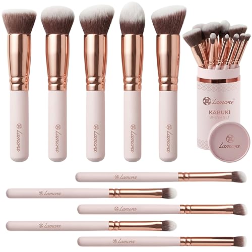 LAMORA Set Pinceaux Maquillage Kabuki - Pour Fond de Teint, Blush, Poudre, Contouring - Collection de 10 Pinceaux avec Poils Synthétiques pour le Maquillage des Yeux et du Visage