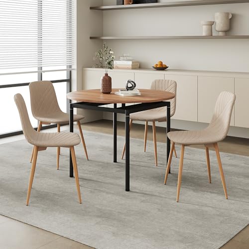 [en.casa] Mesa Comedor con 4 Sillas de Comedor Hemnes Conjunto Mesa y Sillas para Cocina Salón Despacho Redonda máx. 120 kg/Silla MDF Metal Tela 75 x Ø 100 cm - Efecto Roble/Marrón Claro