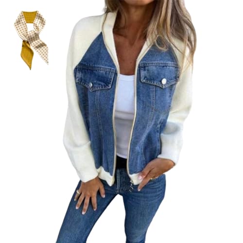 Women Modern Denim Patchwork Jacket,Casual Loose Long Sleeve Zipper Coats,Autumn Winter Splicing Sweatshirt Top with Pocket