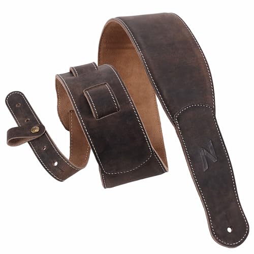 Nefelibata 3-Inch Guitar Strap, Full Grain Leather with Foam Padding and Cable Organizer Loop for