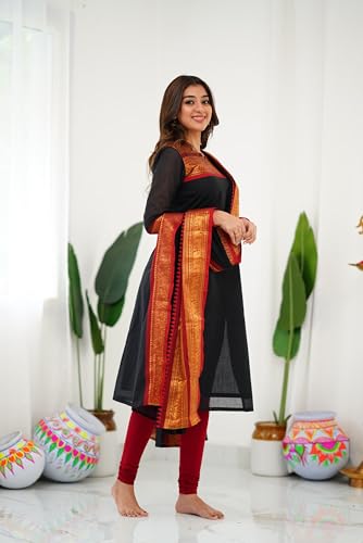 Image of TWINLIGHT Women's Kanchi Cotton Elephant Jaquard Work Kurta and Dupatta Set | V Neck 3 /4 Sleeves Straight Calf Length Kurti with Jaquard Border Work Dupatta | Kurti Set for Women