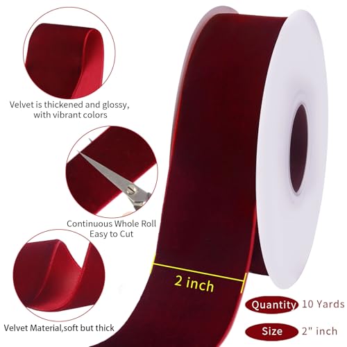 Image of Tsorode 10 Yards Burgundy Velvet Ribbon for Christmas Tree,2 Inch