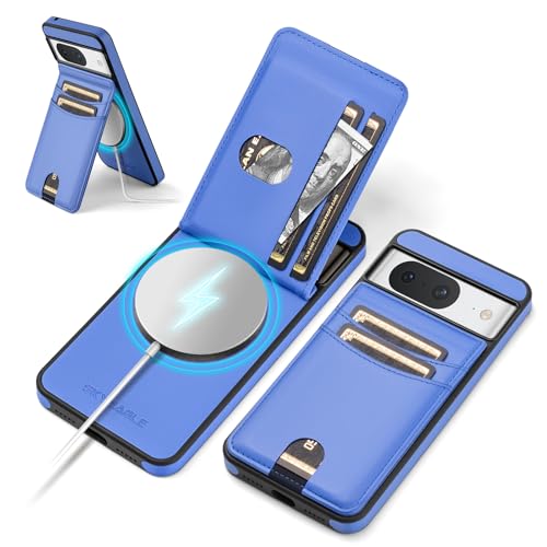 SkyEagle Compatible with Magsafe for Google Pixel 8 Wallet Case with Card Holder Kickstand RFID Blocking Flip Cover Credit Card Slots PU Leather Men Women Phone Case for Pixel 8 6.2 Purple Blue