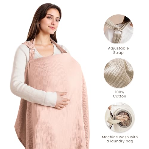 Image of Konssy Muslin Nursing Cover Up for Breastfeeding with Rigid Hoop | 100% Cotton Nursing Apron, Lightweight & Breathable, Carseat Canopy, Breast Feeding Covers for Women