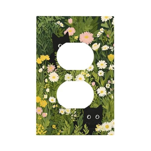 Decorative Outlet Covers Funny Cute Black Cat Colorful Flower Green Plant 1 Gang Duplex Light Switch Cover Plate Wall Plates for Electrical Outlets Switchplate Faceplate for Home Decor