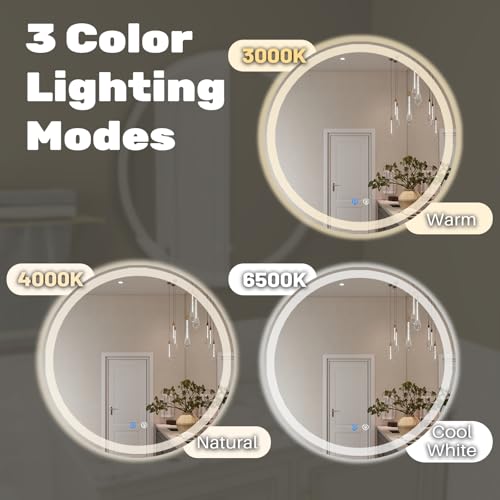 Image of Simple Deluxe Round LED Bathroom Mirror with Lights, Smart Anti-Fog LED Bathroom Mirror with Circular Dual Lights and 3-Color Temperature Memory dimming (24inch)