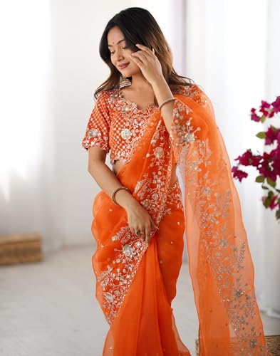 Image of SIRIL Women's Organza Sequence Embroidery Saree With Unstitched Blouse Piece