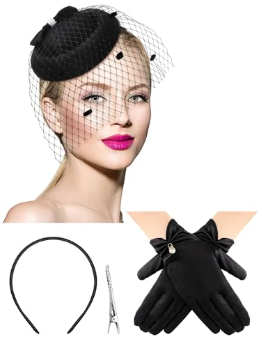 Geyoga 50s Fascinator Hat for Women Funeral Veil Hat Pillbox Cocktail Tea Party Headpiece and Lace Glove(Pearl Black Pearl Bow)