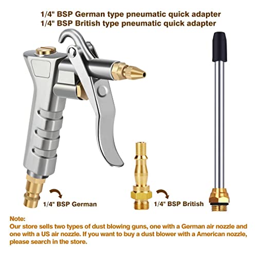 Air Blow Gun,Compressed Air Gun with Extension Nozzle with 1/4" BSP British & German High Pressure Pistol-Grip Connector Pneumatic Air Duster Cleaning Tool - Image 2