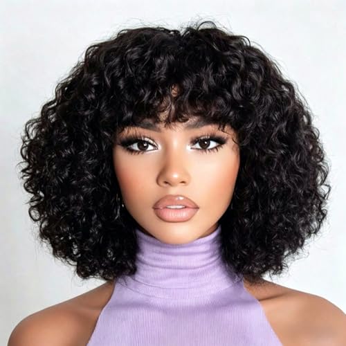 Pelucas Mujer Pelo Natural Curly Wig With Bang None Lace Front Peluca Recta Con Flequillo Pelucas Cabello Natural Negro 12 Inch 30cm