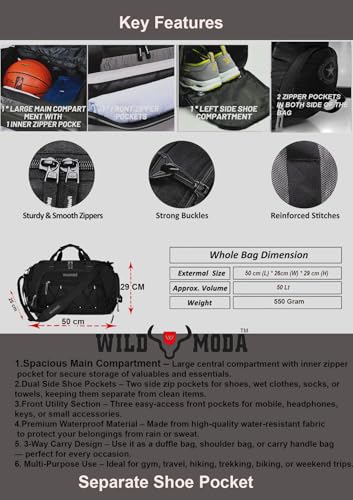 Image of 50L Duffel Travel Bag with Multiple Pockets | Ideal for Gym & Outdoor Trips (Black)