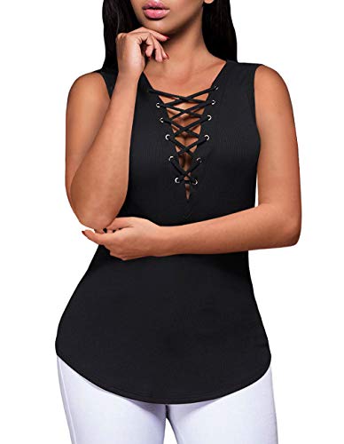 Black Lace-Up Sleeve Ribbed Cotton T-Shirt