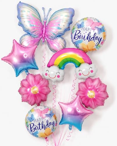 Image of AMFIN (Pack of 8) Butterfly Theme Birthday Balloon Bouquet Pink Blue Metallic Finish Foil Women Girls Decoration Item Kit Rainbow Flower