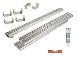 Entwässerungsrinne, Poolrinne, Terrassenrinne Edelstahl 1 Meter superflach V4A stream Set 1 Inhalt: 1 Rinne superflach mit Ablaufstutzen, 4 Rinnen superflach ohne Stutzen, 2 Stirnwände, 4 Verbinder, 1 Schnurwasserwaage, 1 Kleber/Dichtmittel