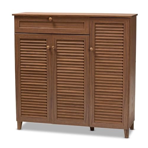BOWERY HILL 11-Shelf Shoe Cabinet with Drawer, Solid Wood and Engineered Wood, Walnut Brown Finish, Tapered Legs, Polyurethane Veneer, Shoe Storage for 21 Pairs