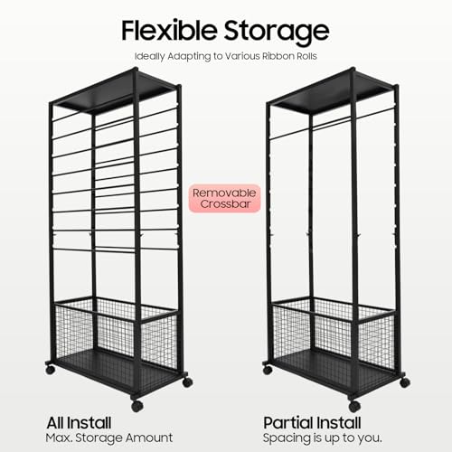 Image of CNCEST Double-Sided 16-Layer Ribbon Holder Organizer Rack,Free Standing Mobile Ribbon Holder,Metal Ribbon Stand Organizer Ribbon Storage Shelf for Craft Room,Wrapping Paper (Black,26.4x12.6x59.06in)