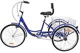 Tres adultos triciclos Trike Rueda de bicicleta del crucero de velocidad 1, 20 pulgadas, llantas de adultos Trikes de 3 ruedas Bicicletas carretera Cesta para la tercera edad, mujeres, hombres,Azul