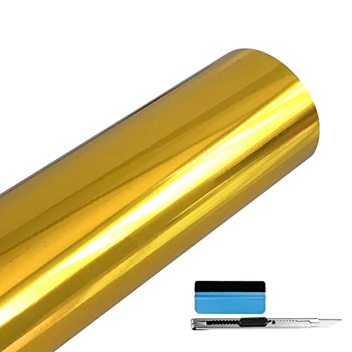Image of LZLRUN 1FT x 5FT Chrome Mirror Vinyl Wrap Adhesive Car Sticker Decal Film (Gold, 1FT x 5FT)
