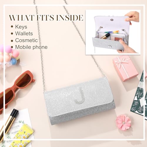 Image of Silver Clutch Purses for Women Personalized | Sparkly Evening Bag Formal Dressy, Crossbody Bag with Metal Chain, Stylish Clutch, Gift for Wedding, Prom, Cocktail Party