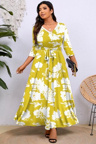 Image of Runwind Plus Size Dress for Women - 3 /4 Sleeve V Neck Maxi Dresses for Women (XL-6XL)