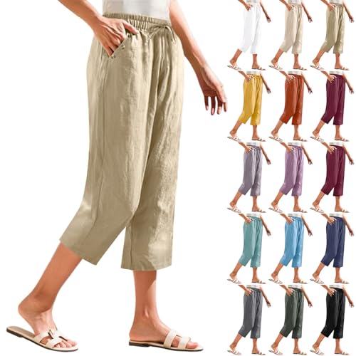 Capris Pants for Women Cute Lightweight Summer Linen Drawstring Elastic Waist Pull On Cropped Pants with Pockets