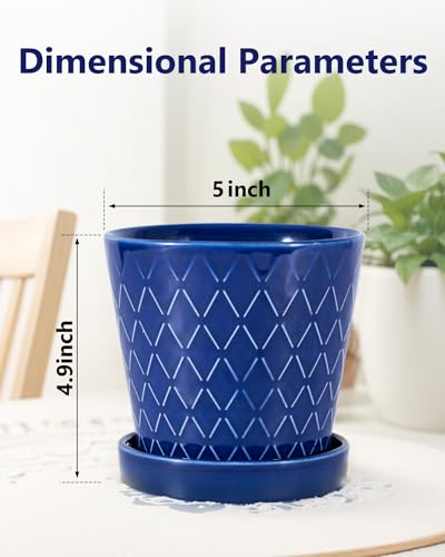 Image of EFISPSS Ceramic Plant Pots, 5Inch Pots for Indoor Plants, Planters with Drainage Holes and Ceramic Tray,Plant Lover Gift, Desktop Office Windowsill Decoration Gift Set of 4 - Blue