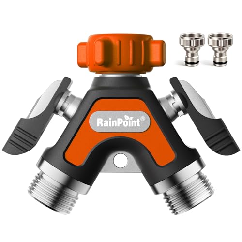 RAINPOINT 2 Wege Verteiler, Vollmetall-Schwerlast-Wasserverteiler mit 5.2cm Extra Langer Seitenhebel & Absperrventilen, Gartenschlauch Y Verteiler 3/4' & 1/2', Gleichzeitiger 2 Fach Anschluss(Orange)