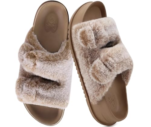 KuaiLu Women's Fluff Slippers Plantar Fasciitis Arch Support Platform Slippers Ladies Fashion Open Toe Faux Fur Sliders Womens House Slipper Size 6-122